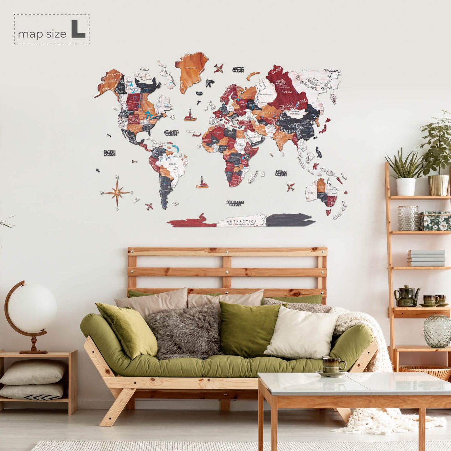 3D Wooden World Map Wall Art - Onyx