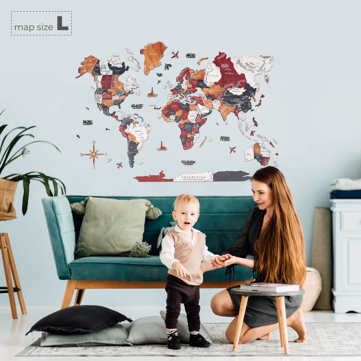 3D Wooden World Map Wall Art - Onyx