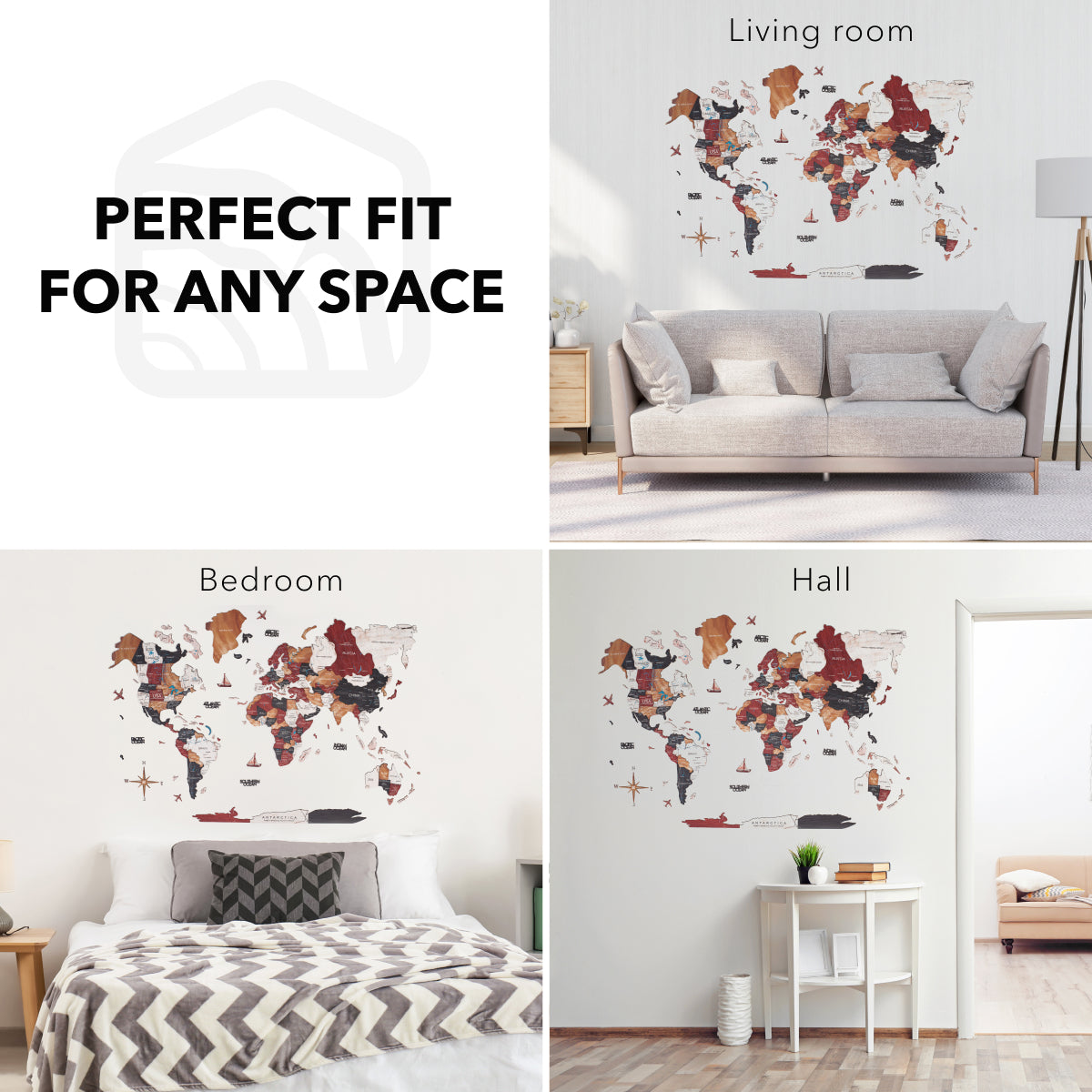 3D Wooden World Map Wall Art - Onyx