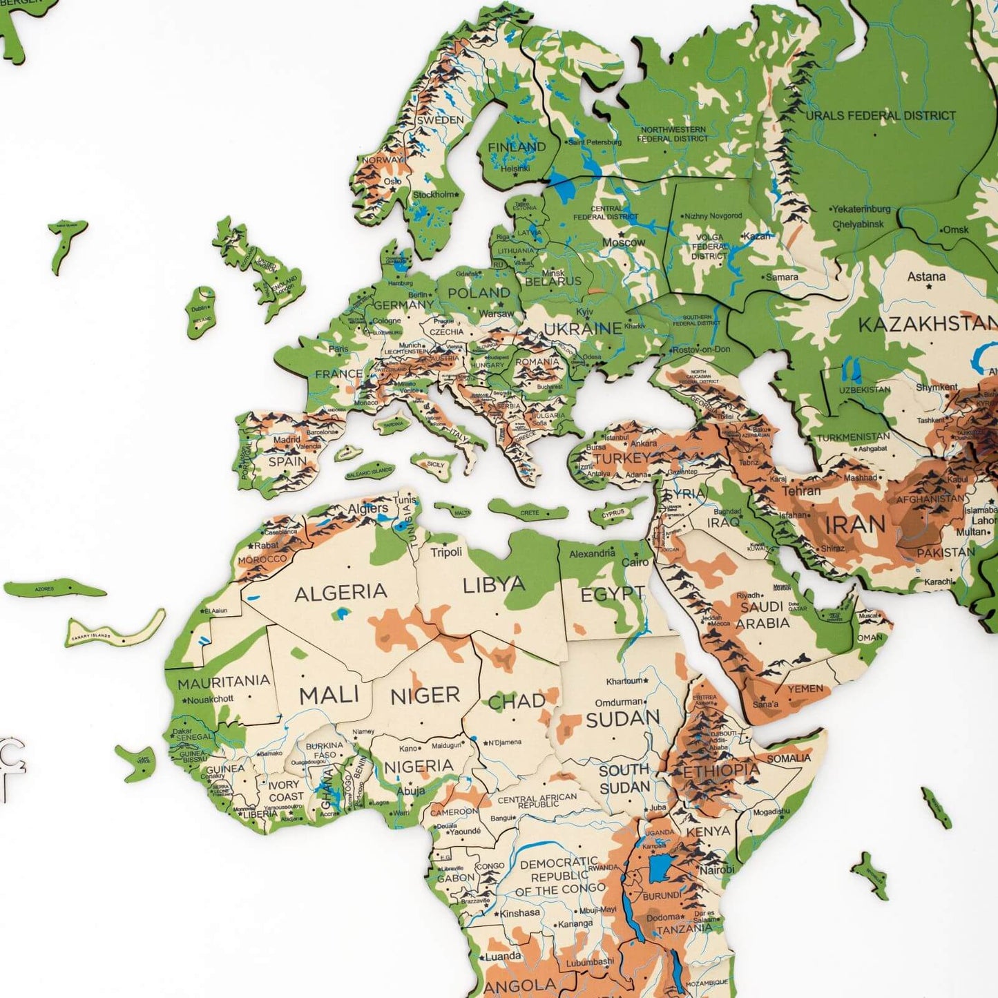 3D Wooden World Map Wall Art - Physical