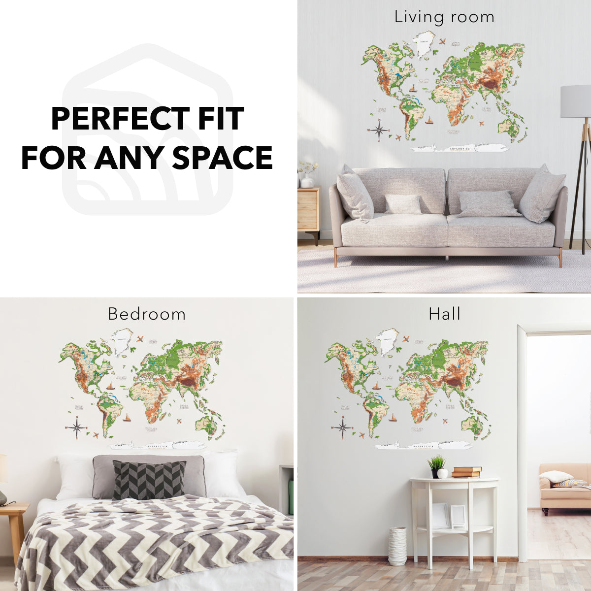 3D Wooden World Map Wall Art - Physical