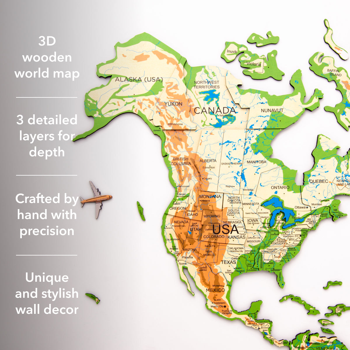 3D Wooden World Map Wall Art - Physical
