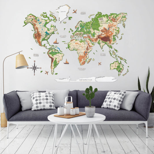 3D wooden world map wall art in classic Physical tones