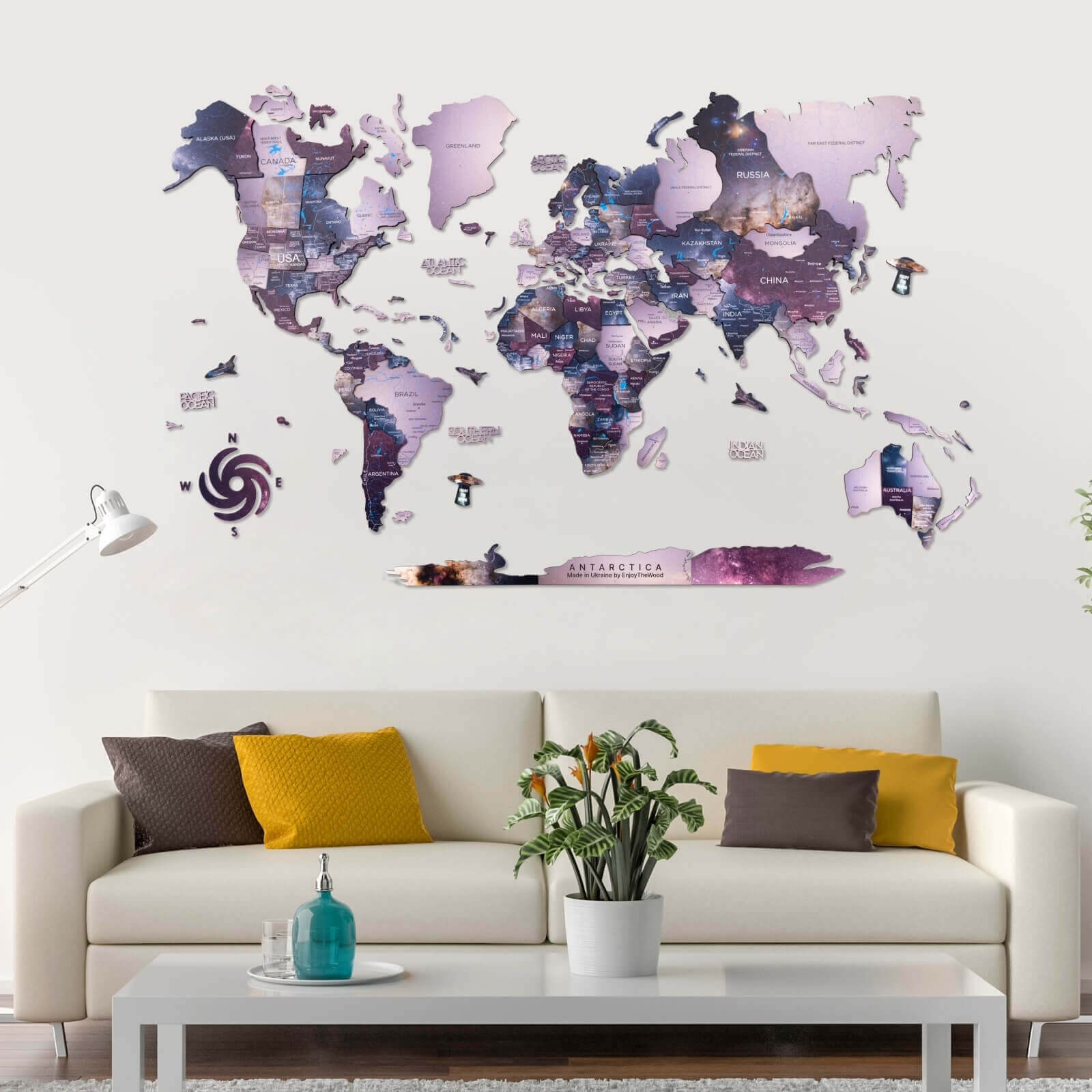3D wooden world map wall art in classic Sirius palette