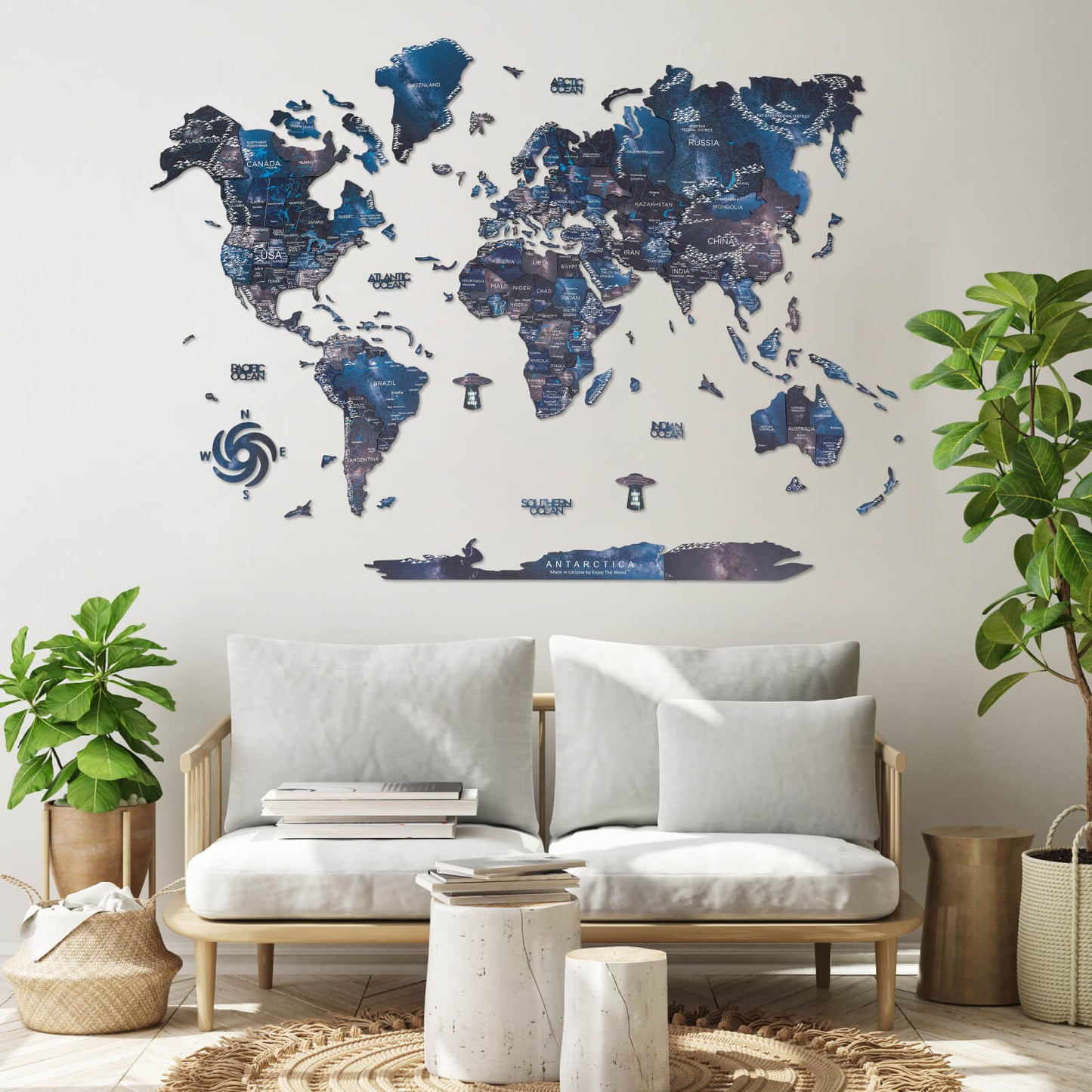 3D Wooden World Map Wall Art - Space