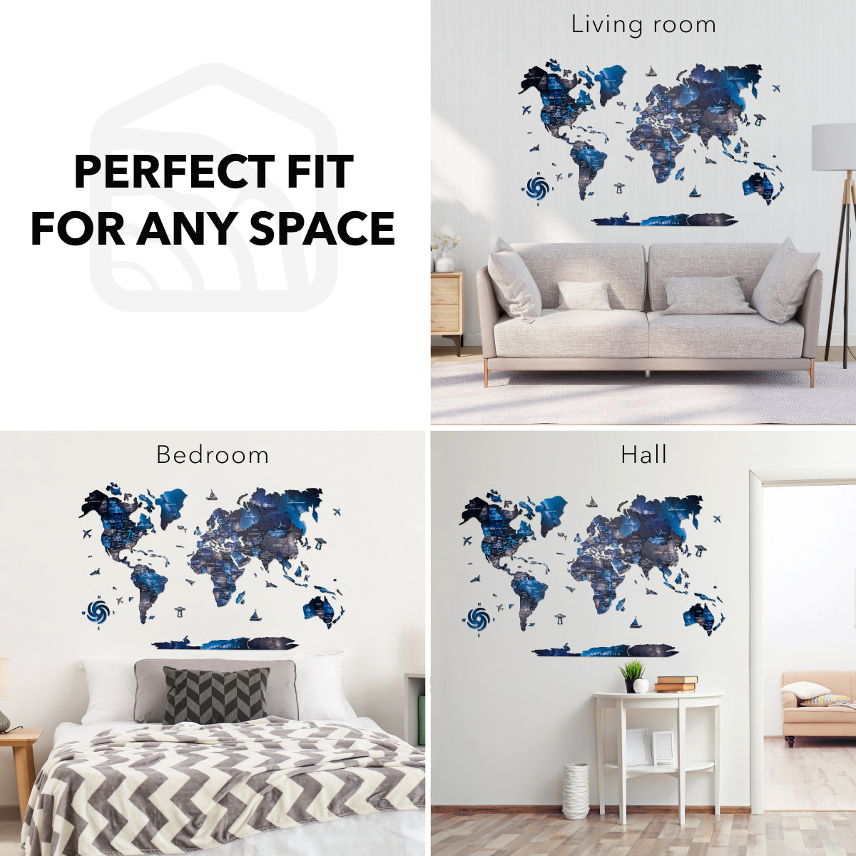 3D Wooden World Map Wall Art - Space