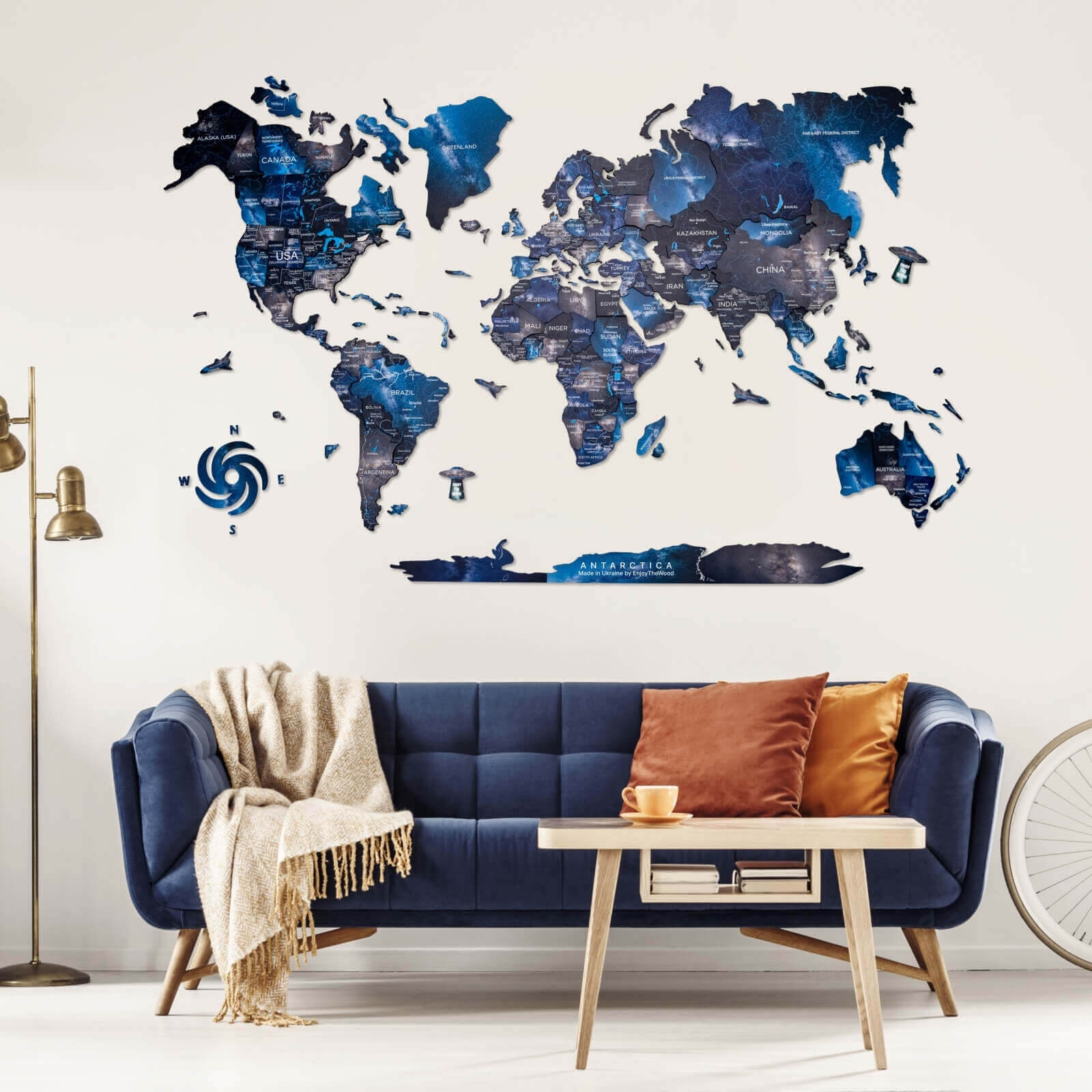 3D wooden world map wall art in Space palette