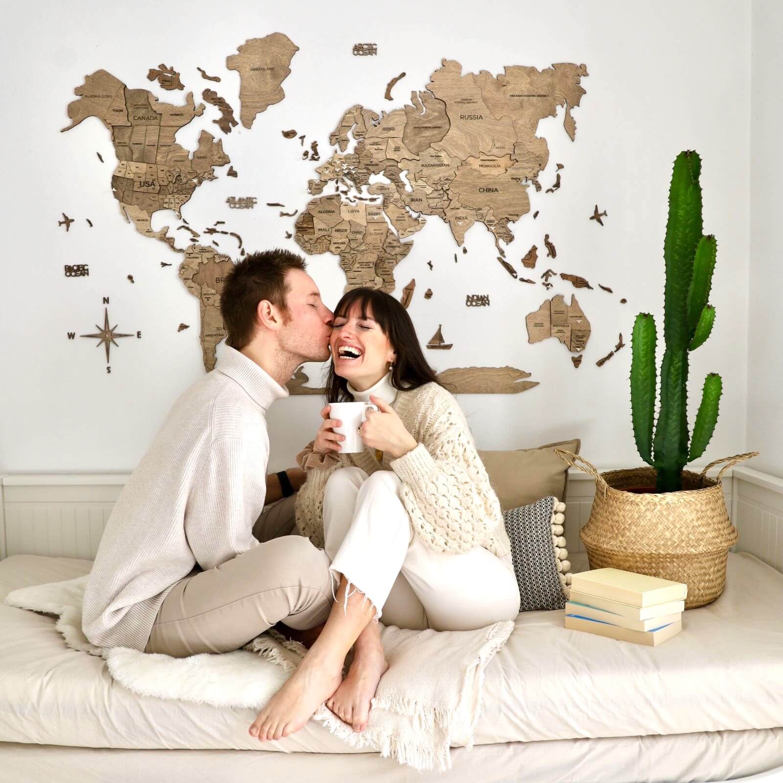 3D wooden world map wall art in Terra palette