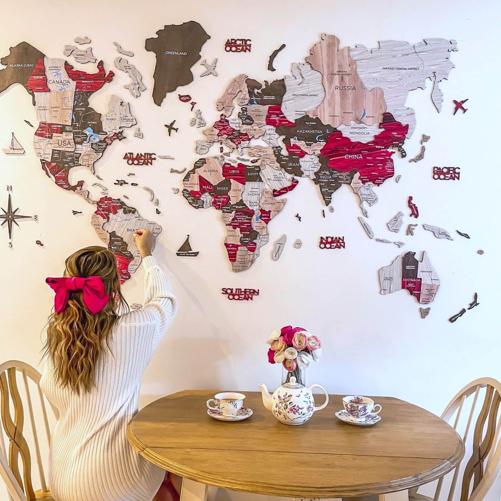 3D wooden world map wall art in Urban palette