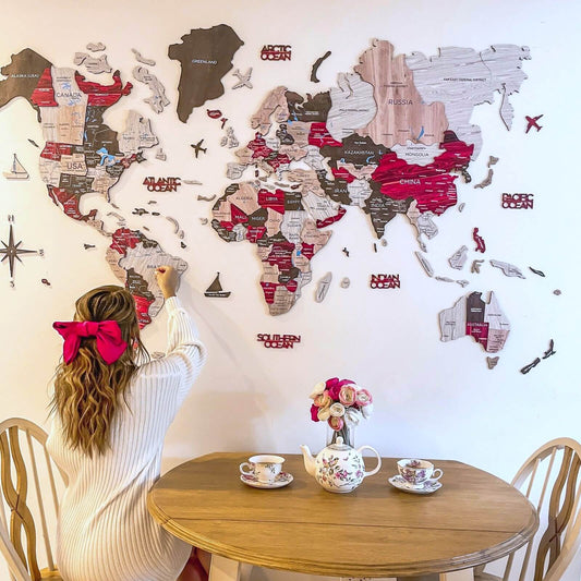 3D wooden world map wall art in Urban palette