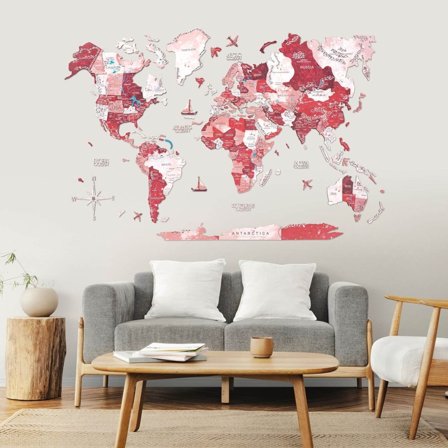 3D wooden world map wall art in red Volcano palette