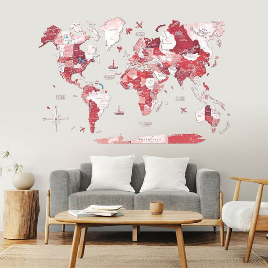 3D wooden world map wall art in red Volcano palette