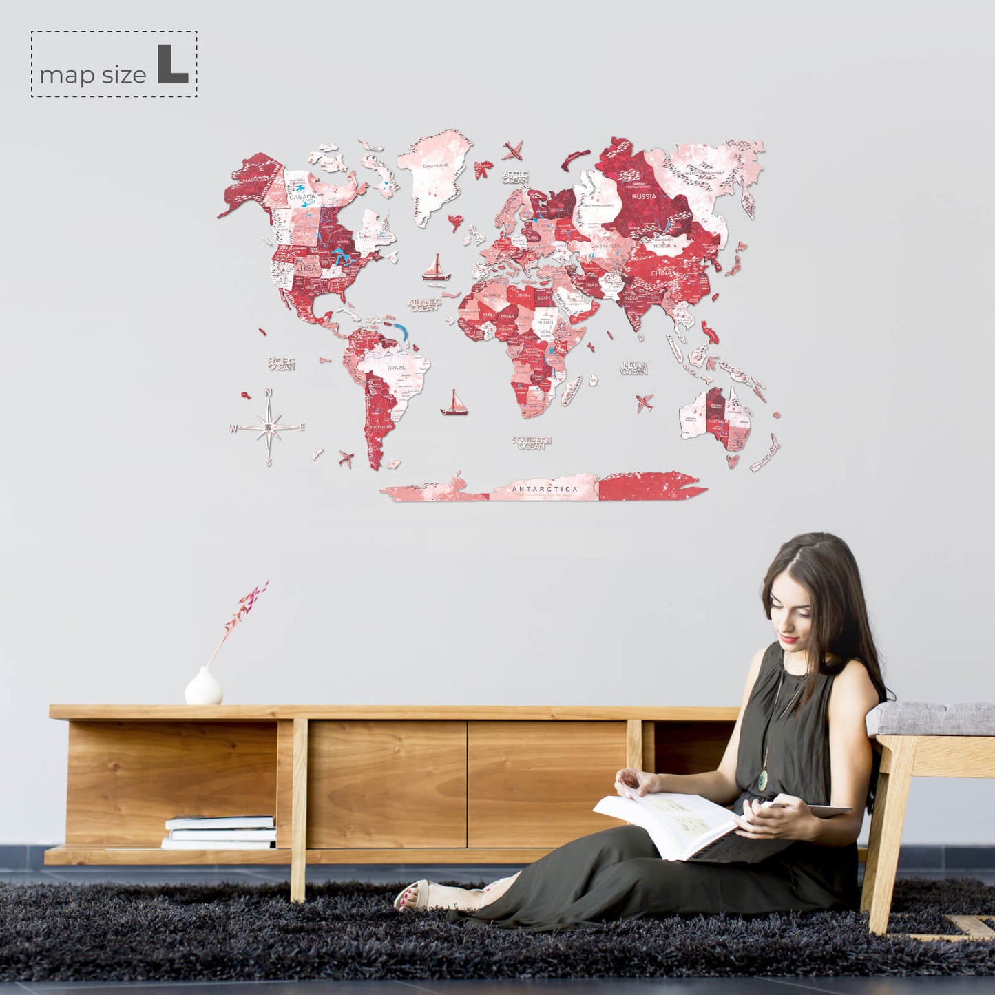 3D Wooden World Map Wall Art - Volcano