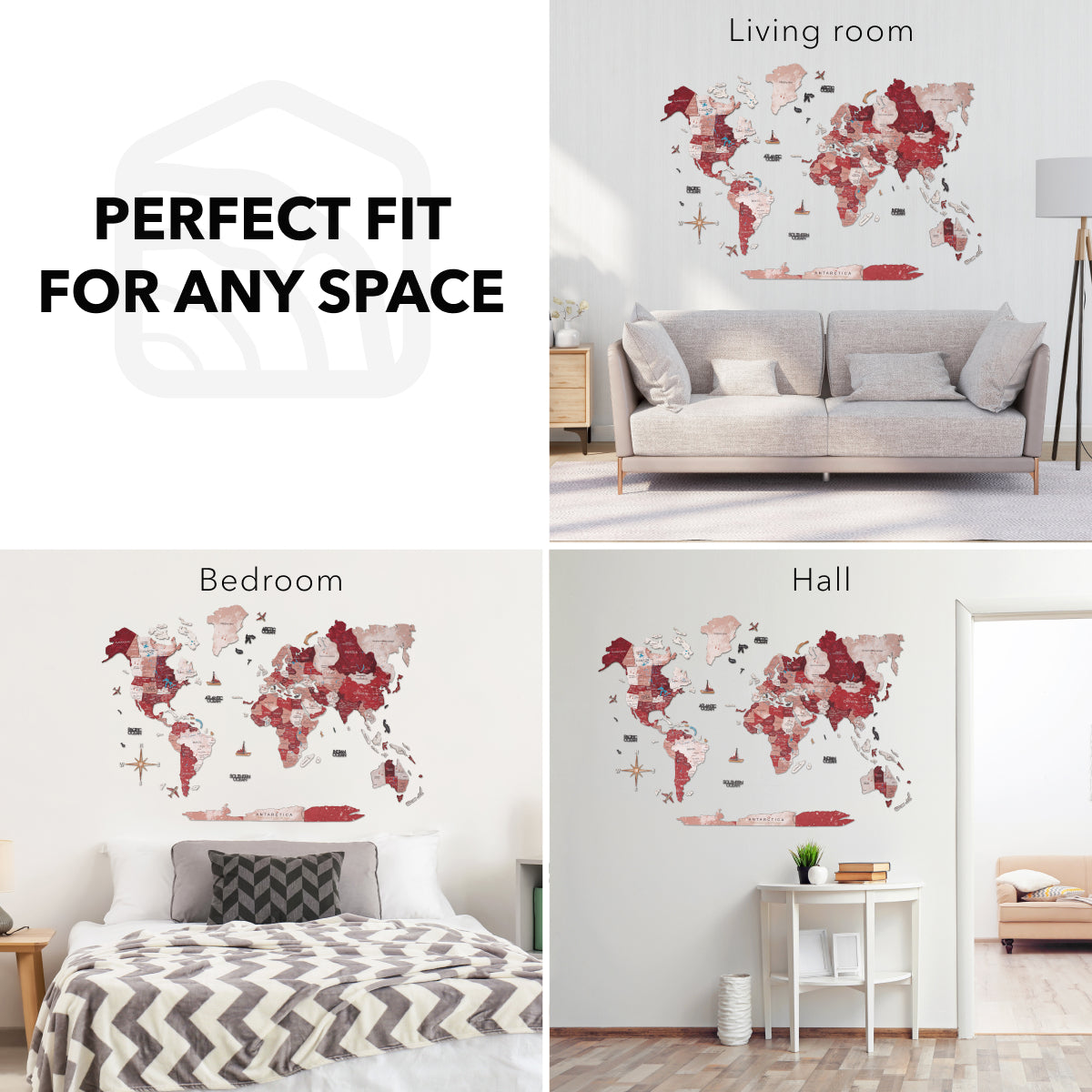 3D Wooden World Map Wall Art - Volcano