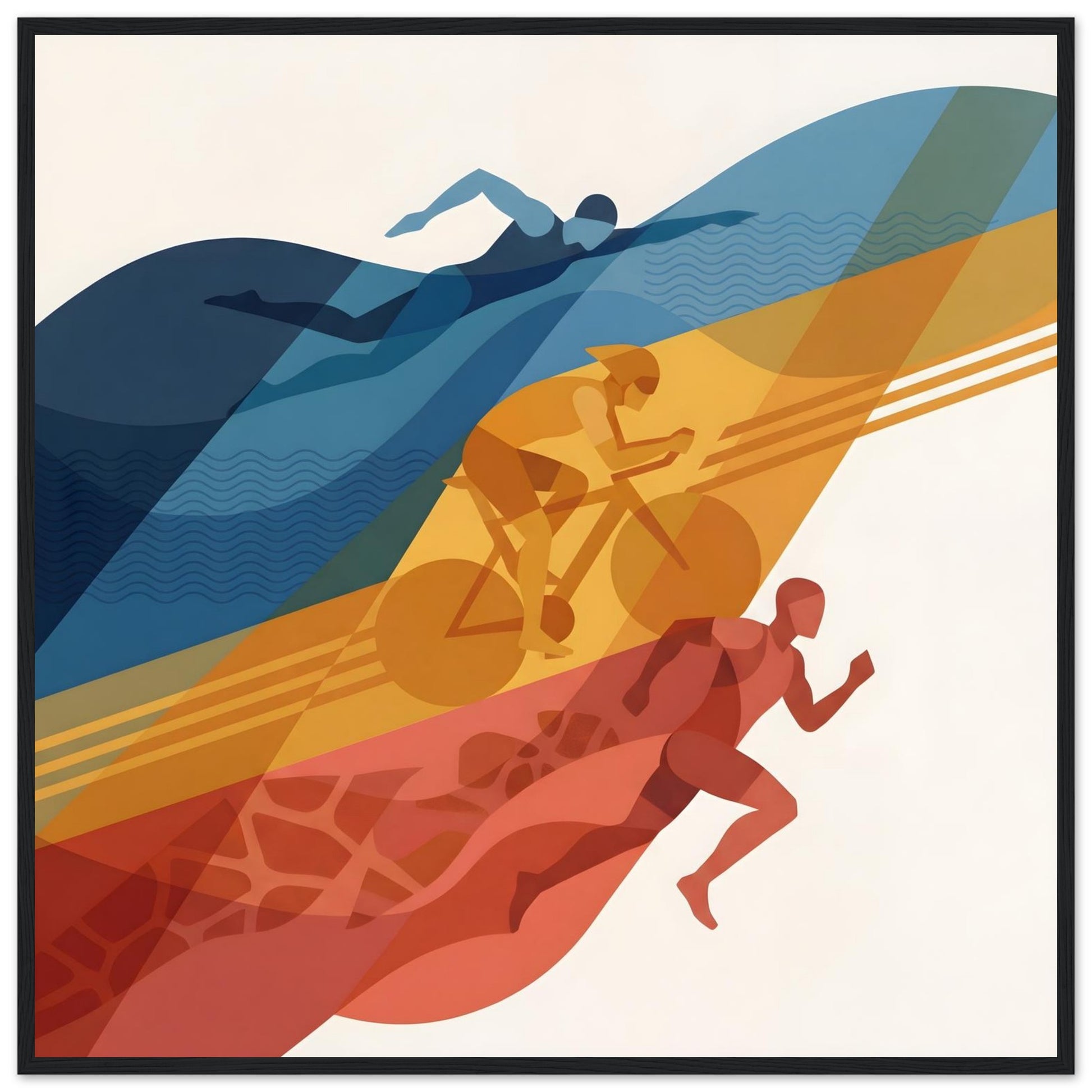 Abstract Triathlon Print: Geometric Swim Bike Run Wall Art - 70x70 cm / 28x28″ - Black frame / Ready-to-hang - Sparkycare