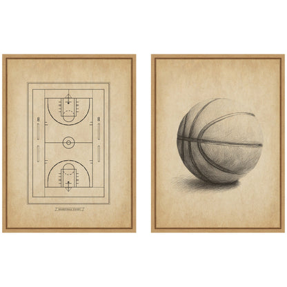 Vintage Basketball 2 Piece Framed Canvas Set