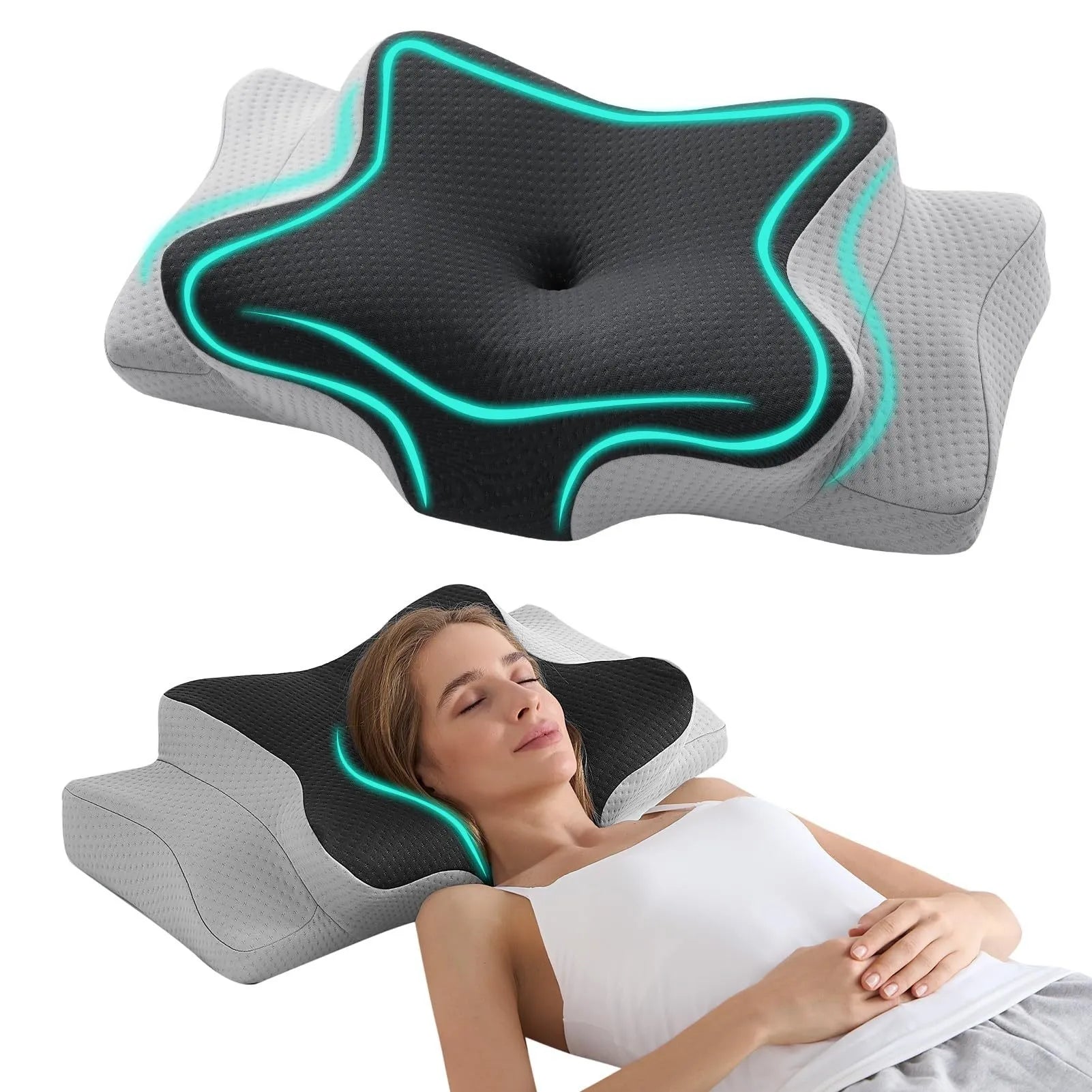 Cervical pillow with green lighting on a white background, with a person using it.