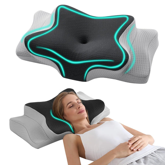 Cervical pillow with green lighting on a white background, with a person using it.