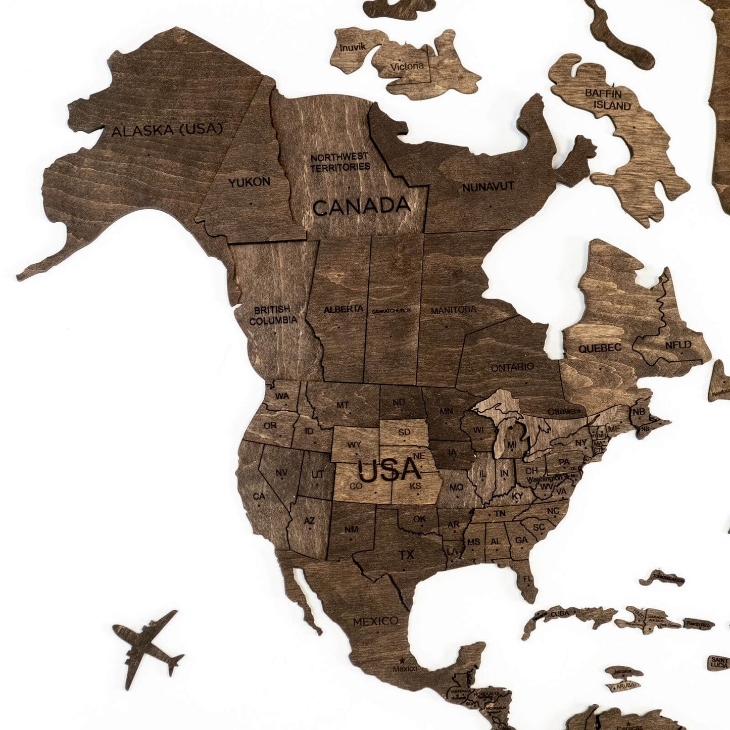 3D Wooden World Map Wall Art - Dark Walnut