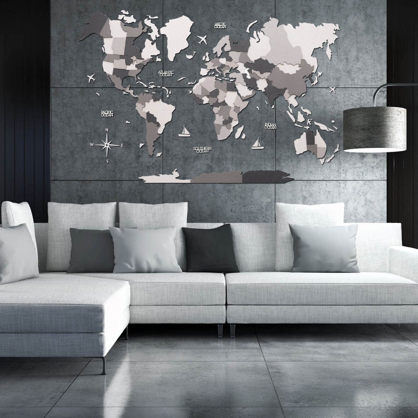 3D Wooden World Map Wall Art - Concrete