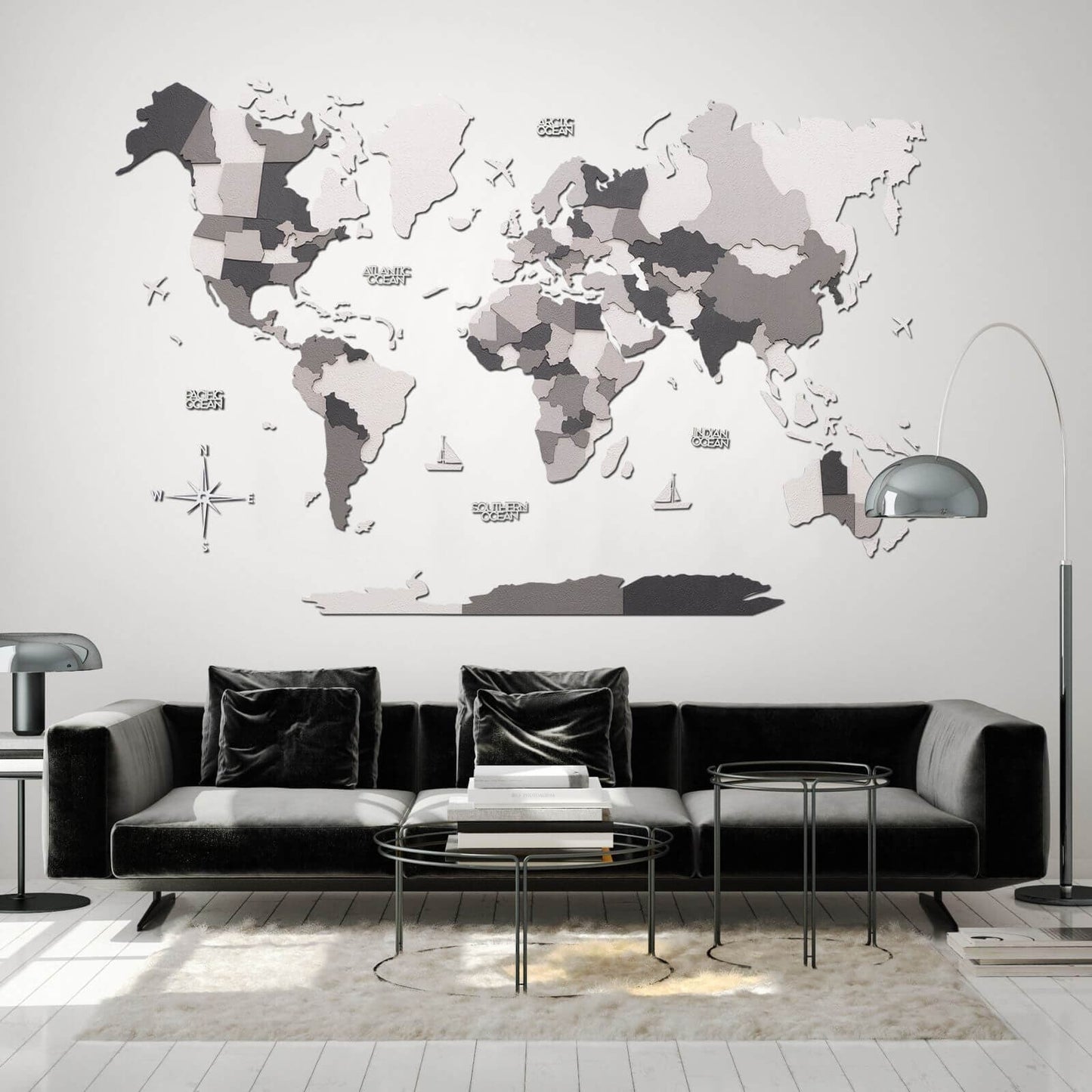 3D Wooden World Map Wall Art - Concrete