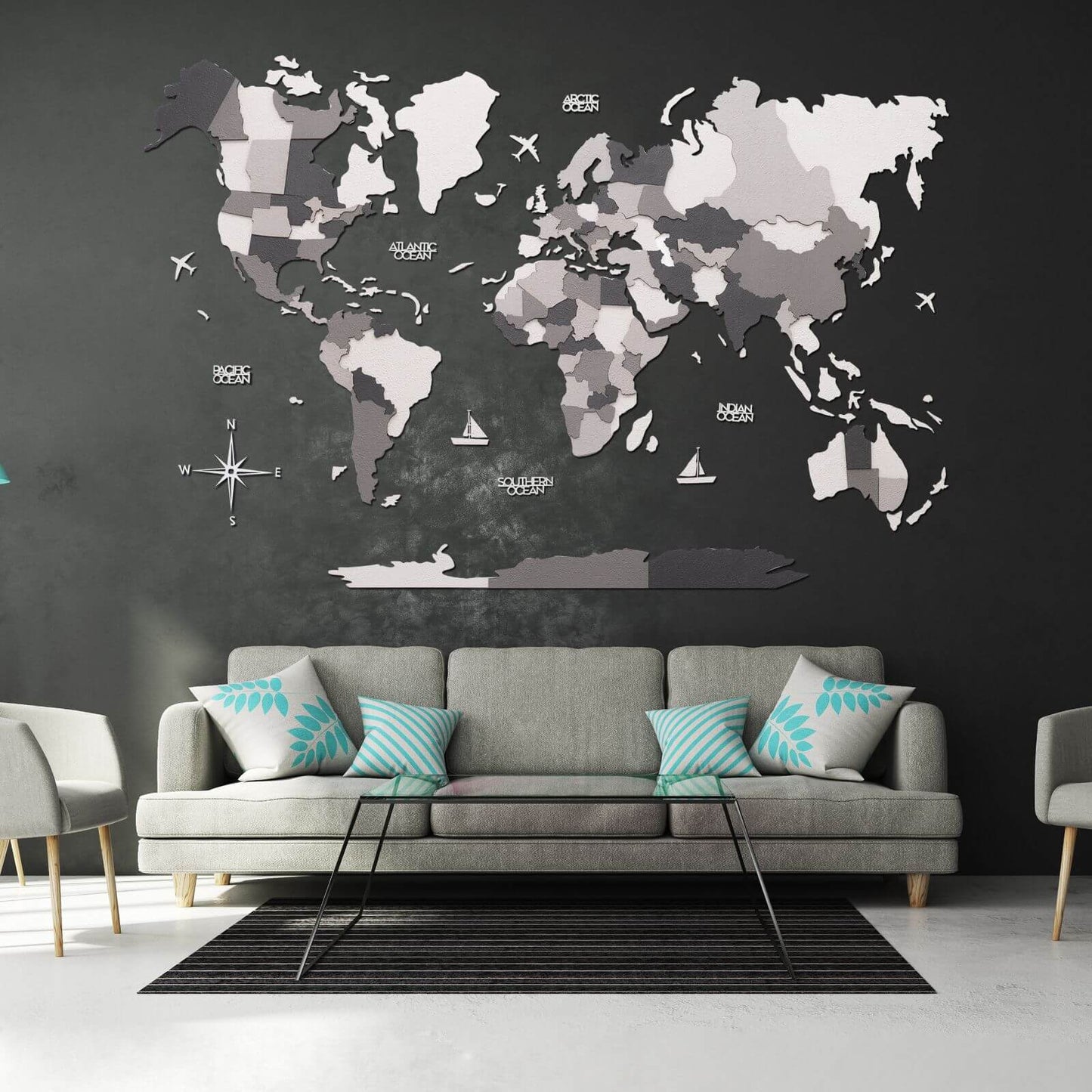 3D Wooden World Map Wall Art - Concrete