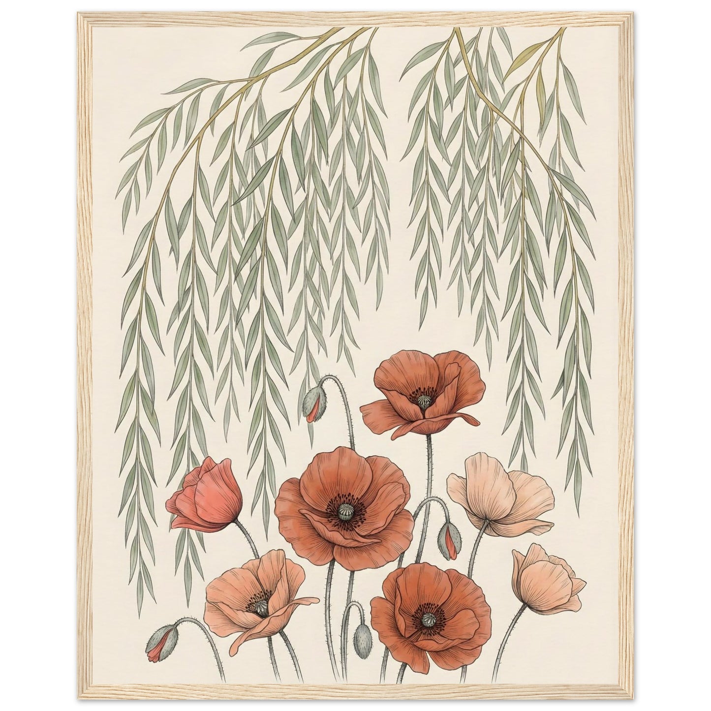 Willow Tree and Poppy Botanical 9th Anniversary Wall Art - 40x50 cm / 16x20″ / Museum-Quality Matte Paper Wooden Framed Poster - Wood frame - Sparkycare
