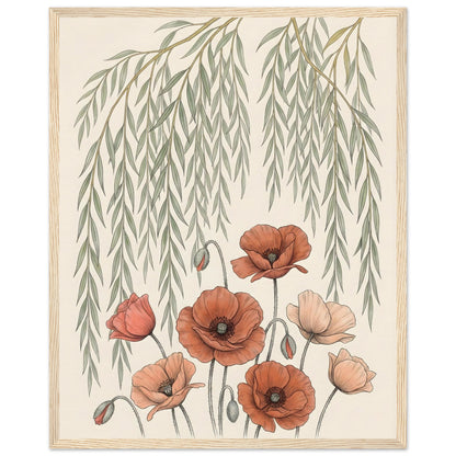 Willow Tree and Poppy Botanical 9th Anniversary Wall Art - 40x50 cm / 16x20″ / Museum-Quality Matte Paper Wooden Framed Poster - Wood frame - Sparkycare