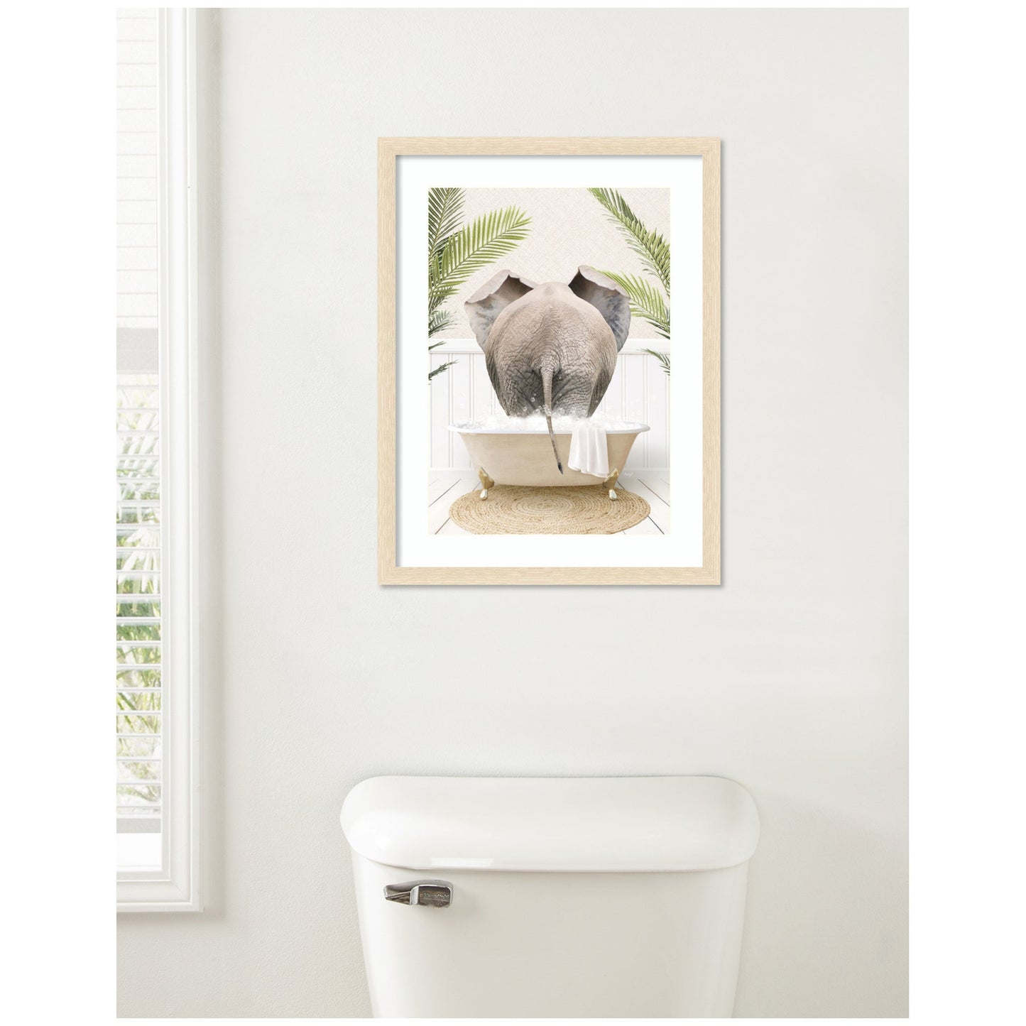 Elephant Back in Palm Bathtub Framed Wall Art Print