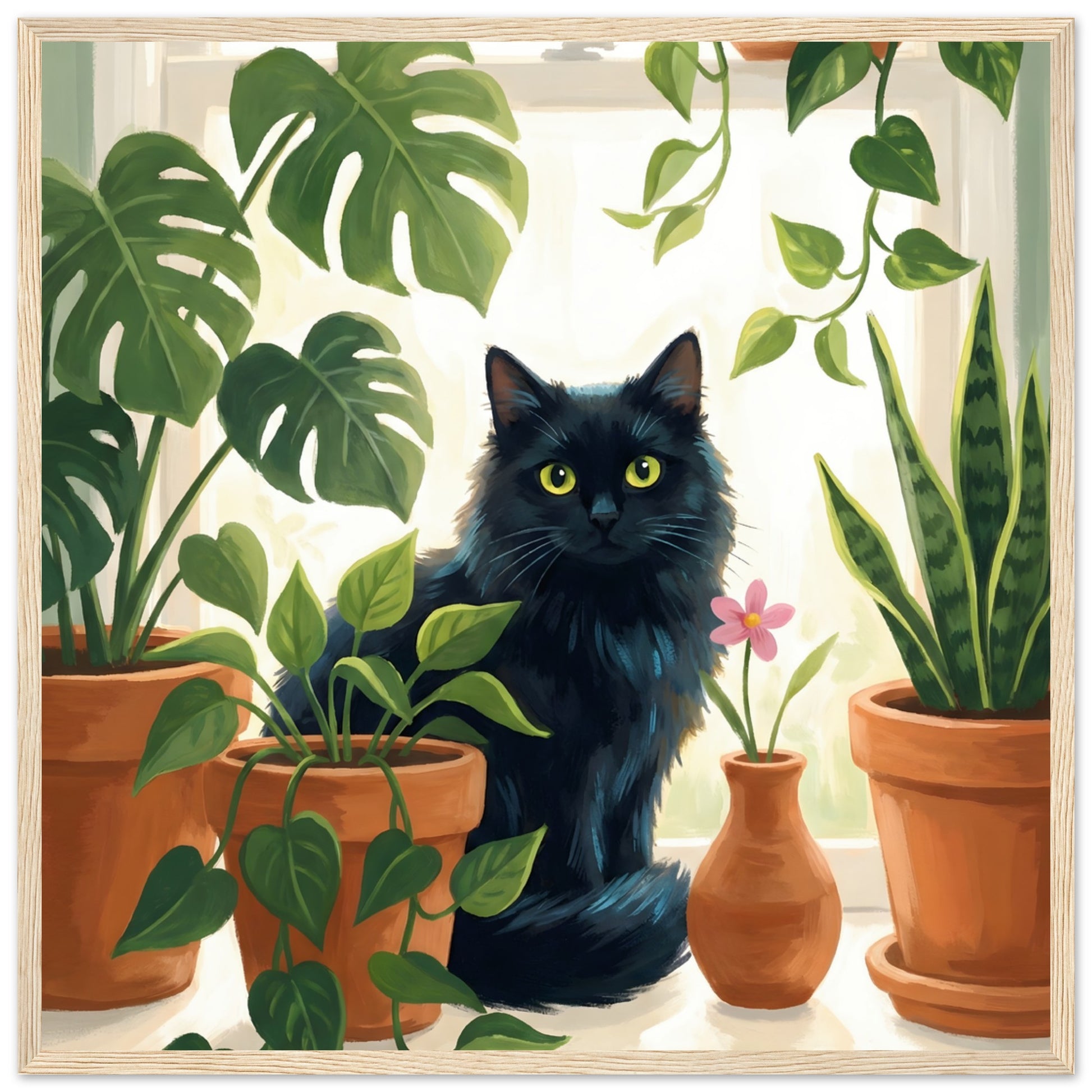 Plant Lover Wall Art - Cat & Houseplants Framed Poster - 50x50 cm / 20x20″ - Wood frame / Ready-to-hang - Sparkycare
