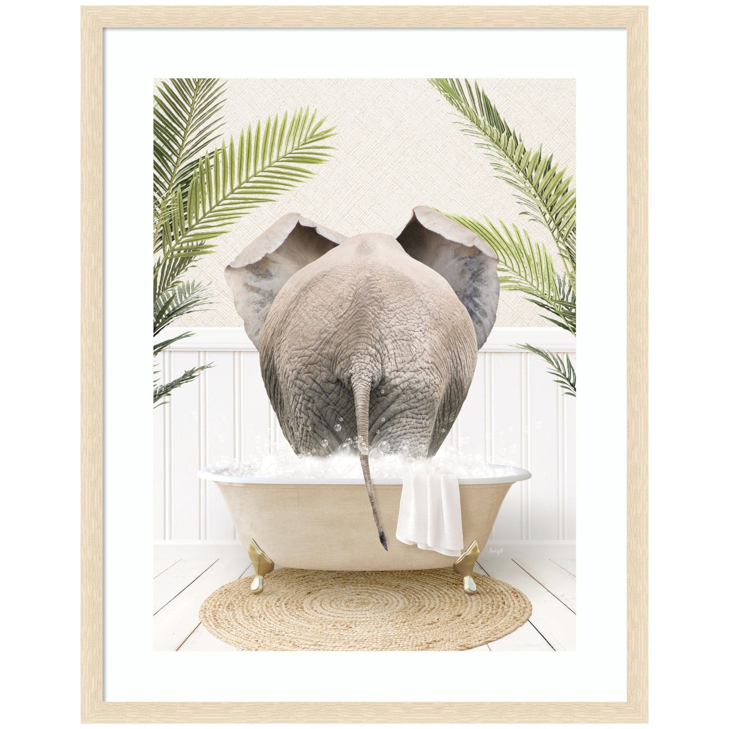 Elephant Back in Palm Bathtub Framed Wall Art Print