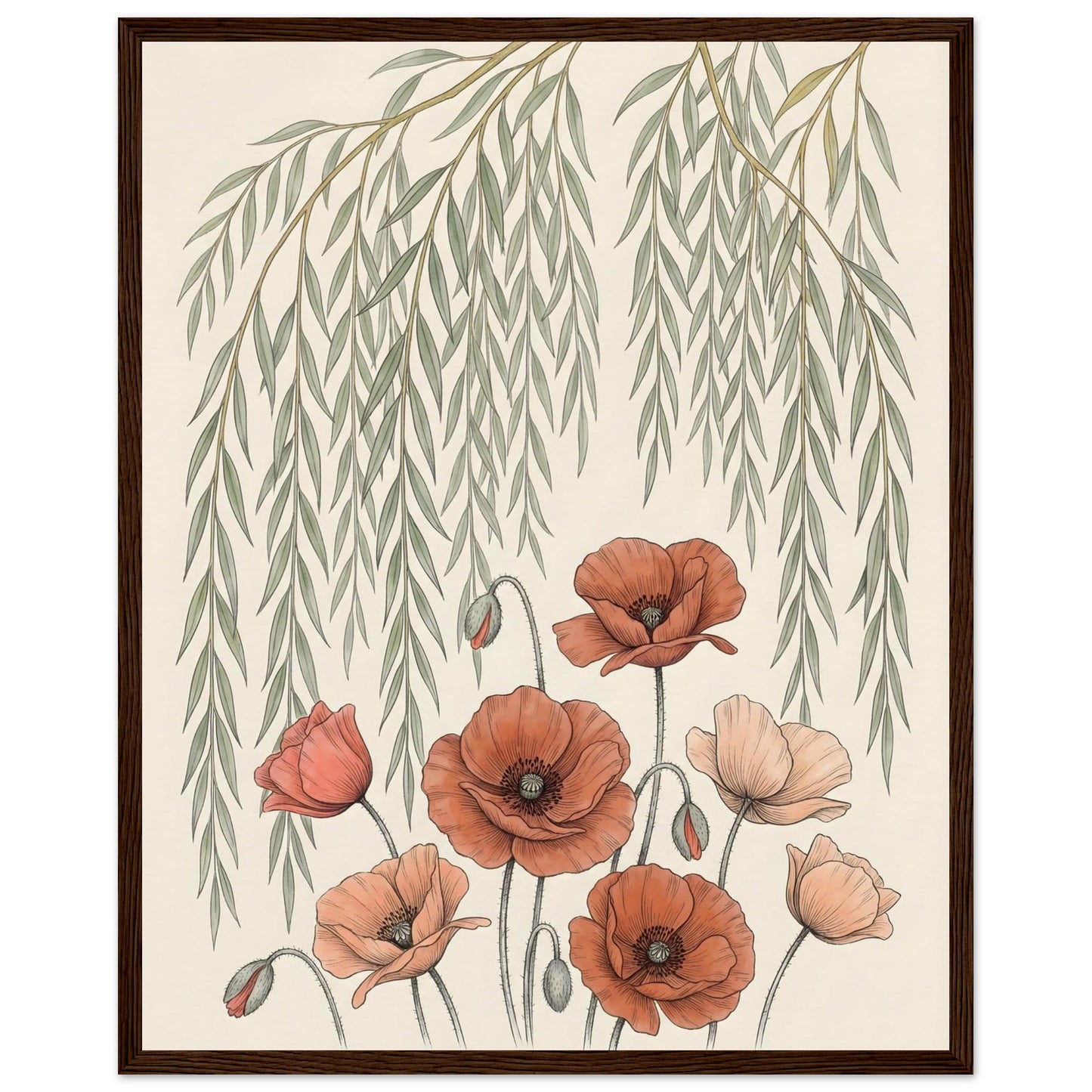 Willow Tree and Poppy Botanical 9th Anniversary Wall Art - 40x50 cm / 16x20″ / Museum-Quality Matte Paper Wooden Framed Poster - Dark wood frame - Sparkycare