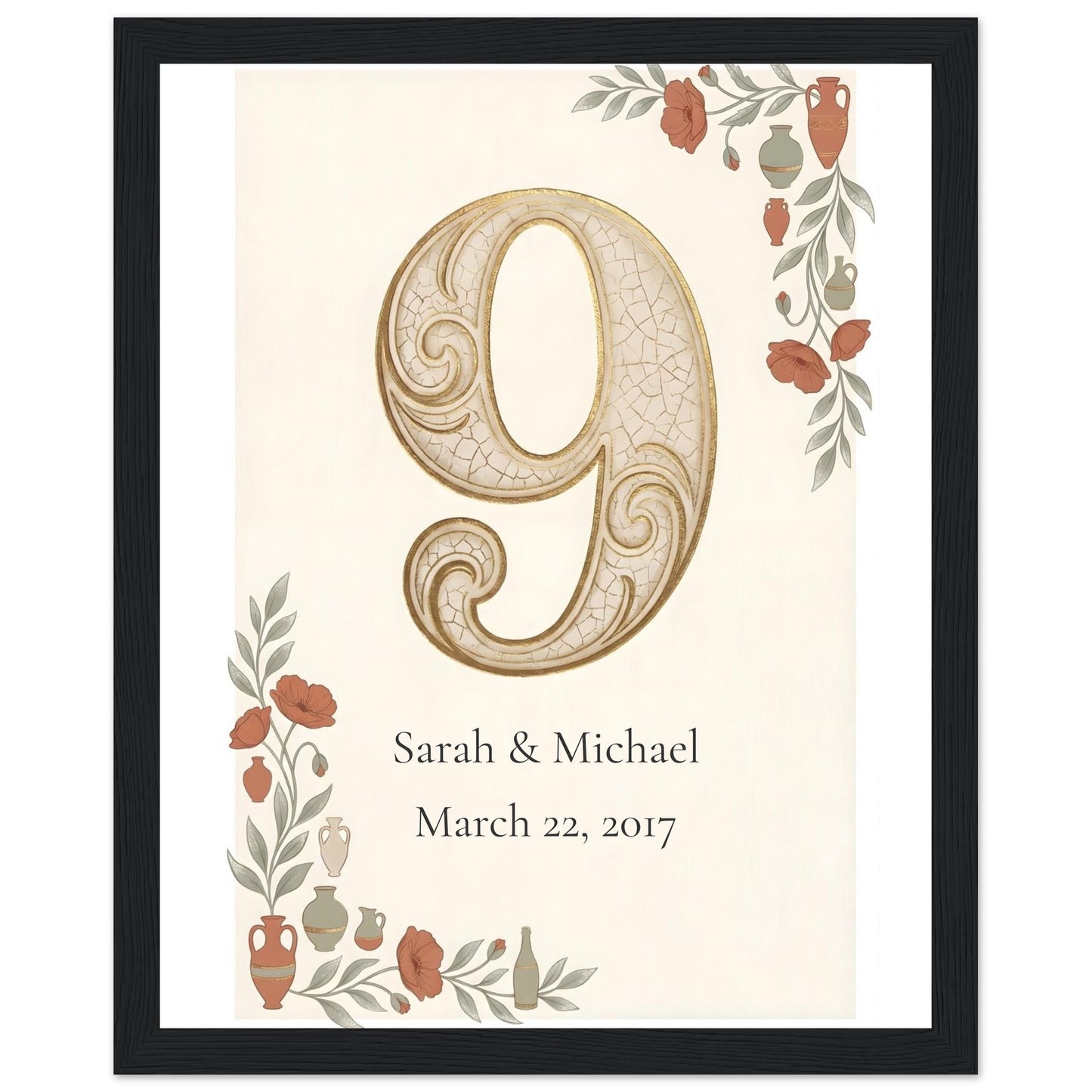 Personalized 9th Anniversary Wall Art - 20x25 cm / 8x10″ - Black frame / Ready-to-hang - Sparkycare