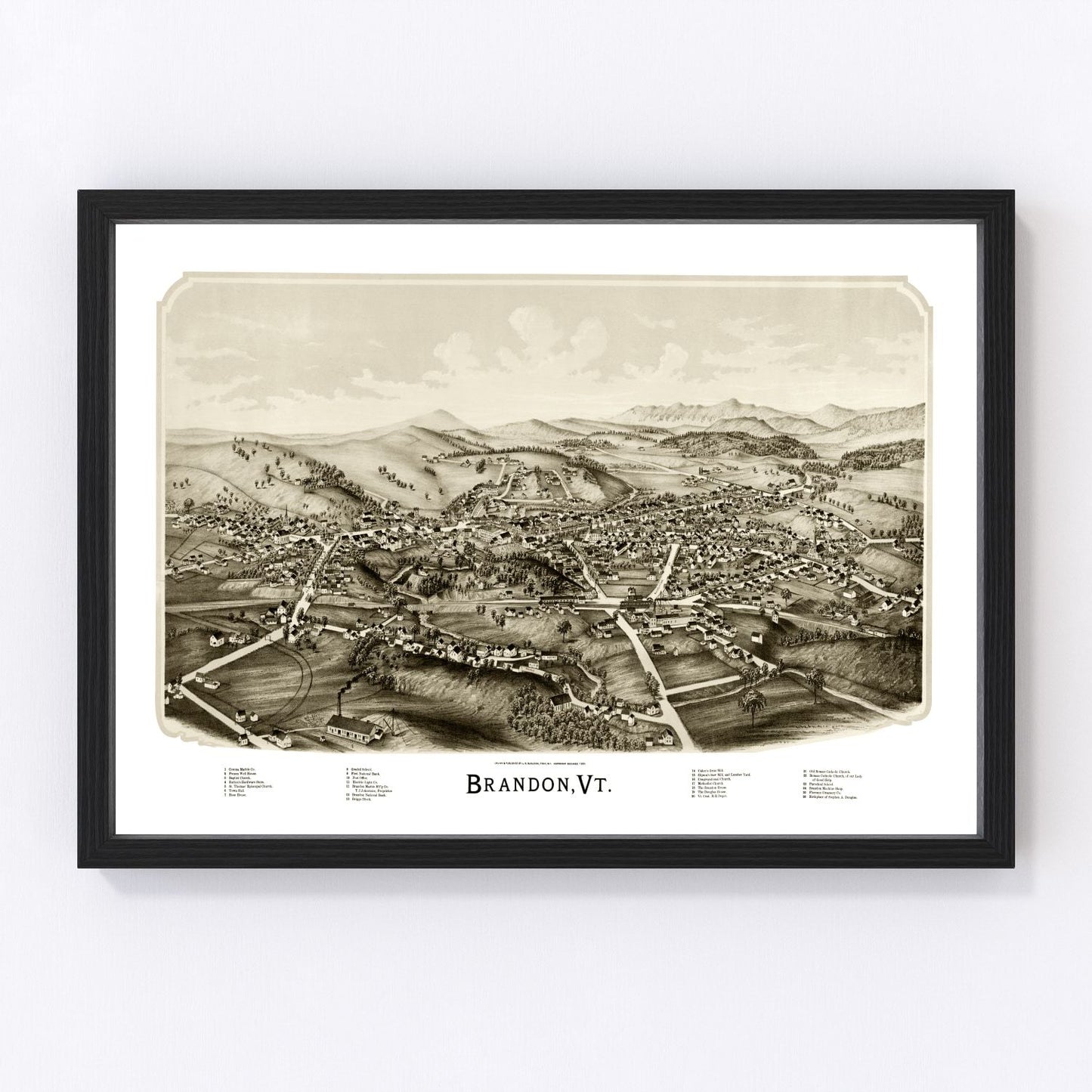 vintage map of Brandon Vermont, 1890, restored print wall art