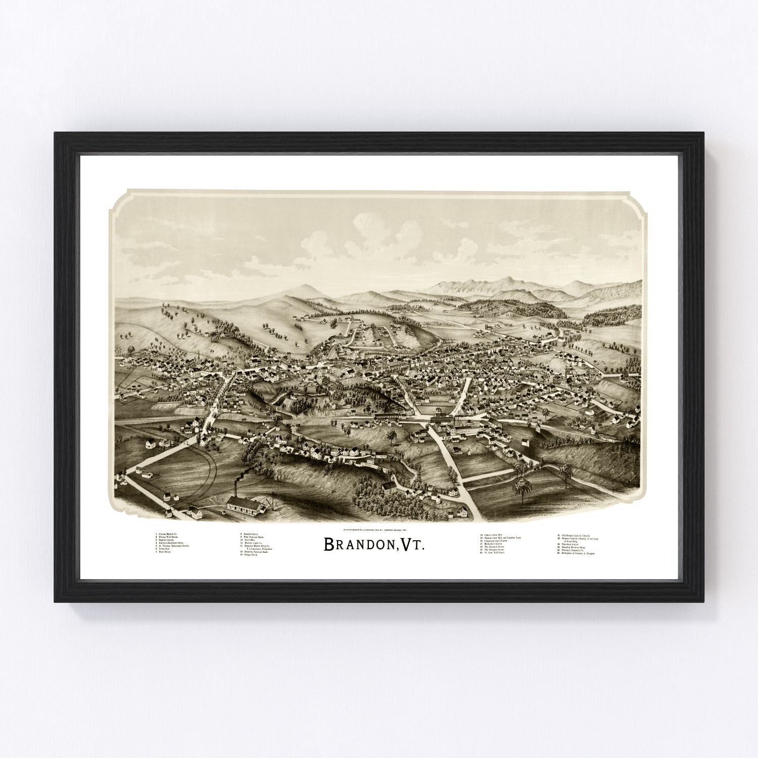 vintage map of Brandon Vermont, 1890, restored print wall art