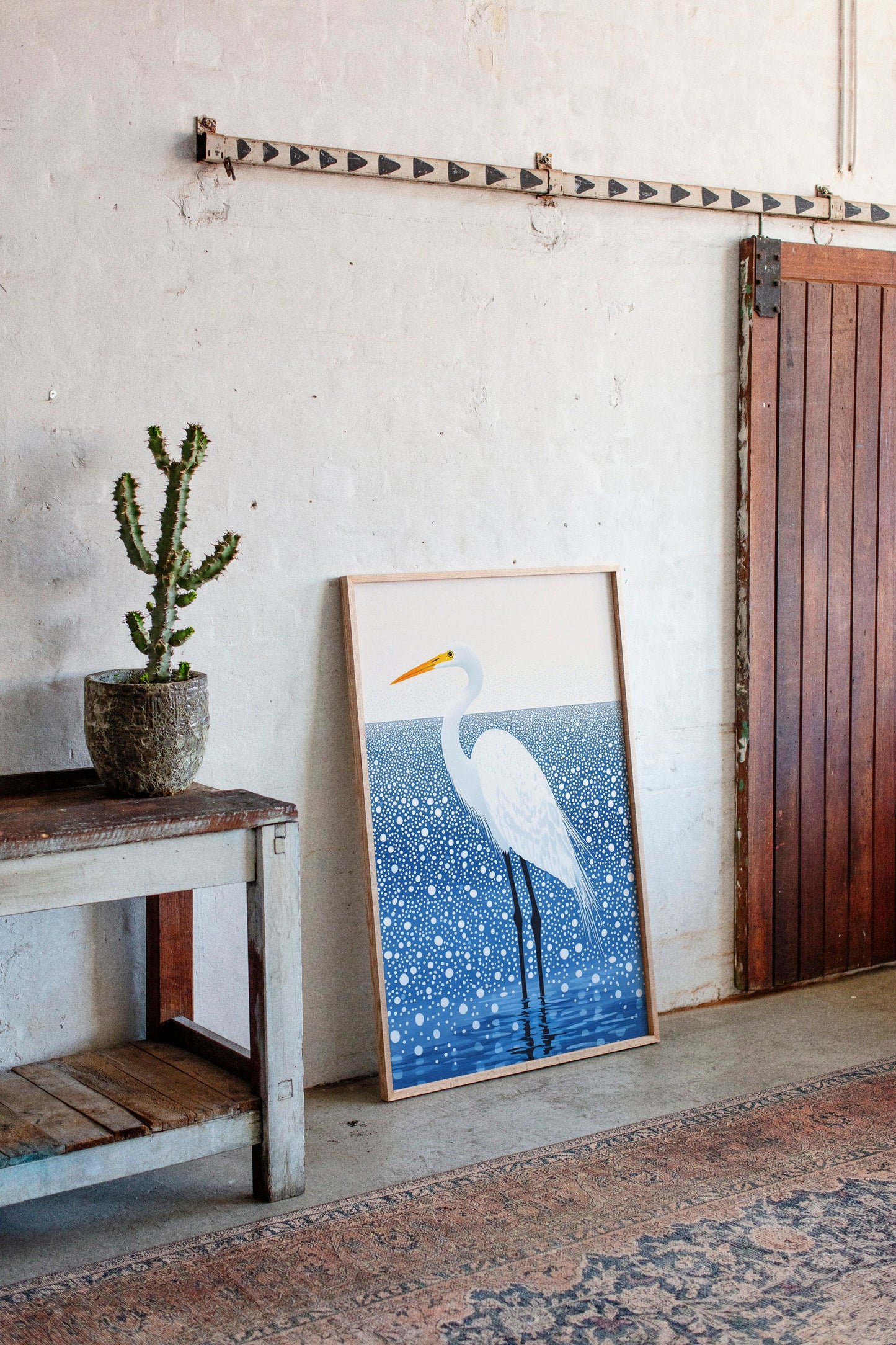 White Egret in Snowfall - Minimalist Bird Wall Art