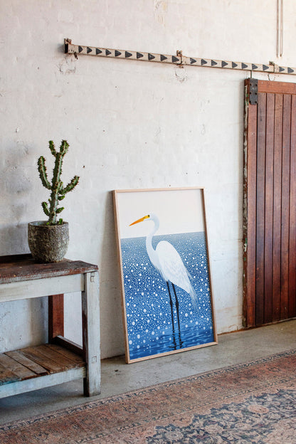White Egret in Snowfall - Minimalist Bird Wall Art