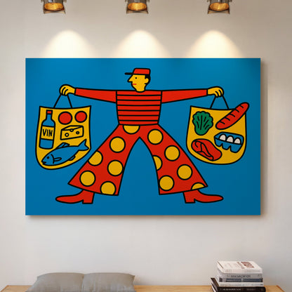 French grocery run kitchen wall art print with wine, cheese, and baguettes