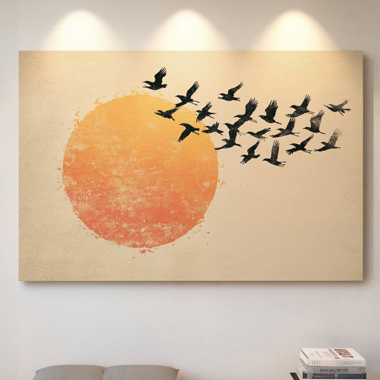 Japanese birds and sun vintage ink wall art print