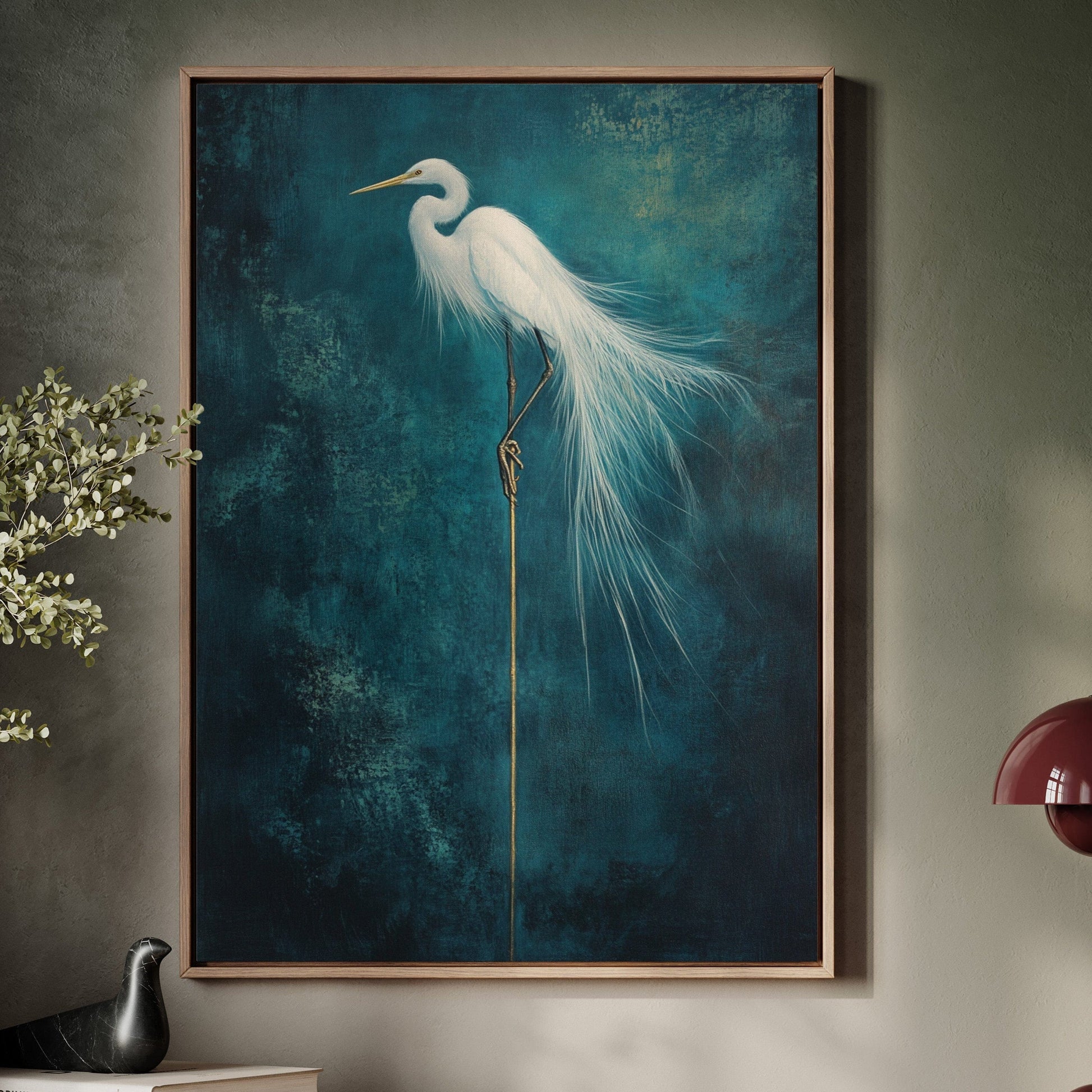 White egret wall art print against a deep blue textured background