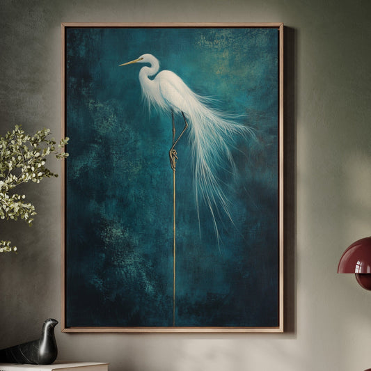 White egret wall art print against a deep blue textured background