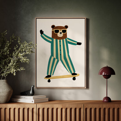 Cool Bear on Skateboard Retro Kids Wall Art