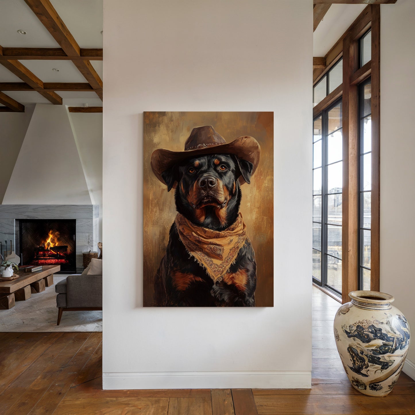 Western Cowboy Rottweiler Rustic Dog Art Print