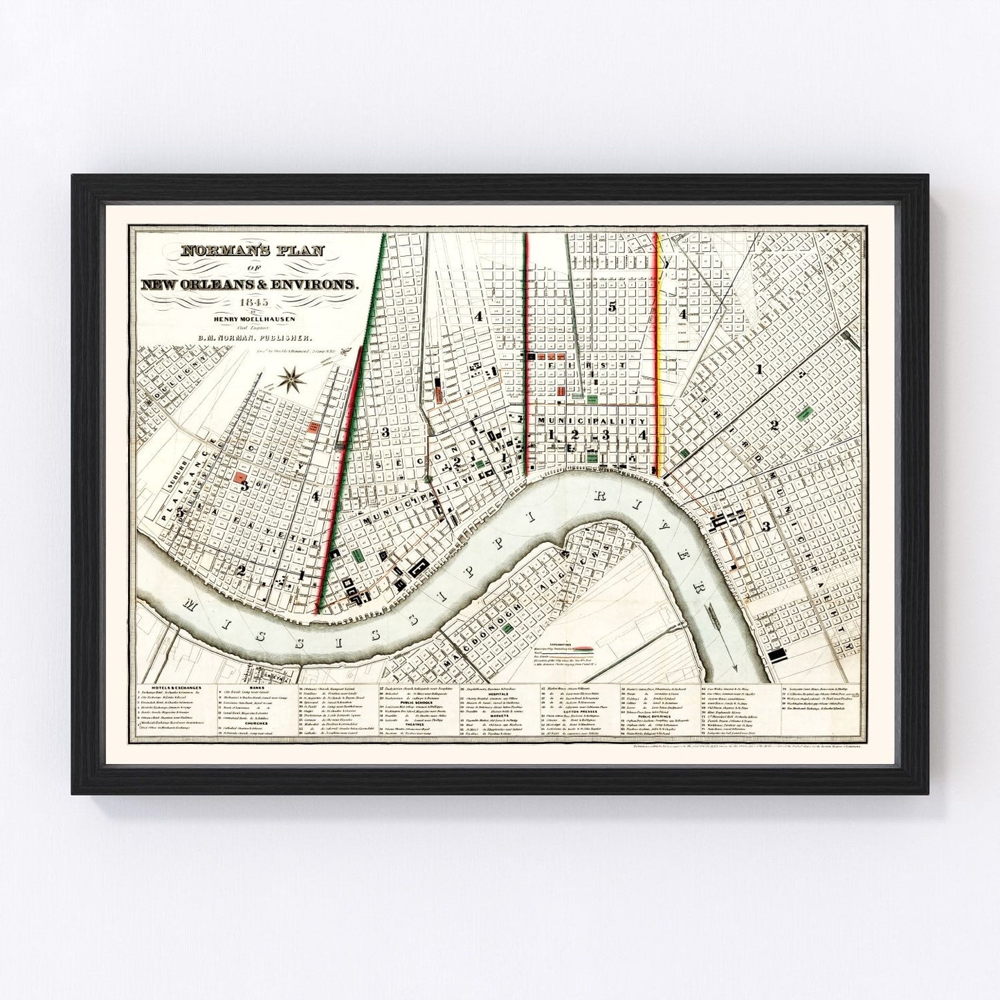 Vintage map of New Orleans, Orleans Parish, Louisiana, 1845