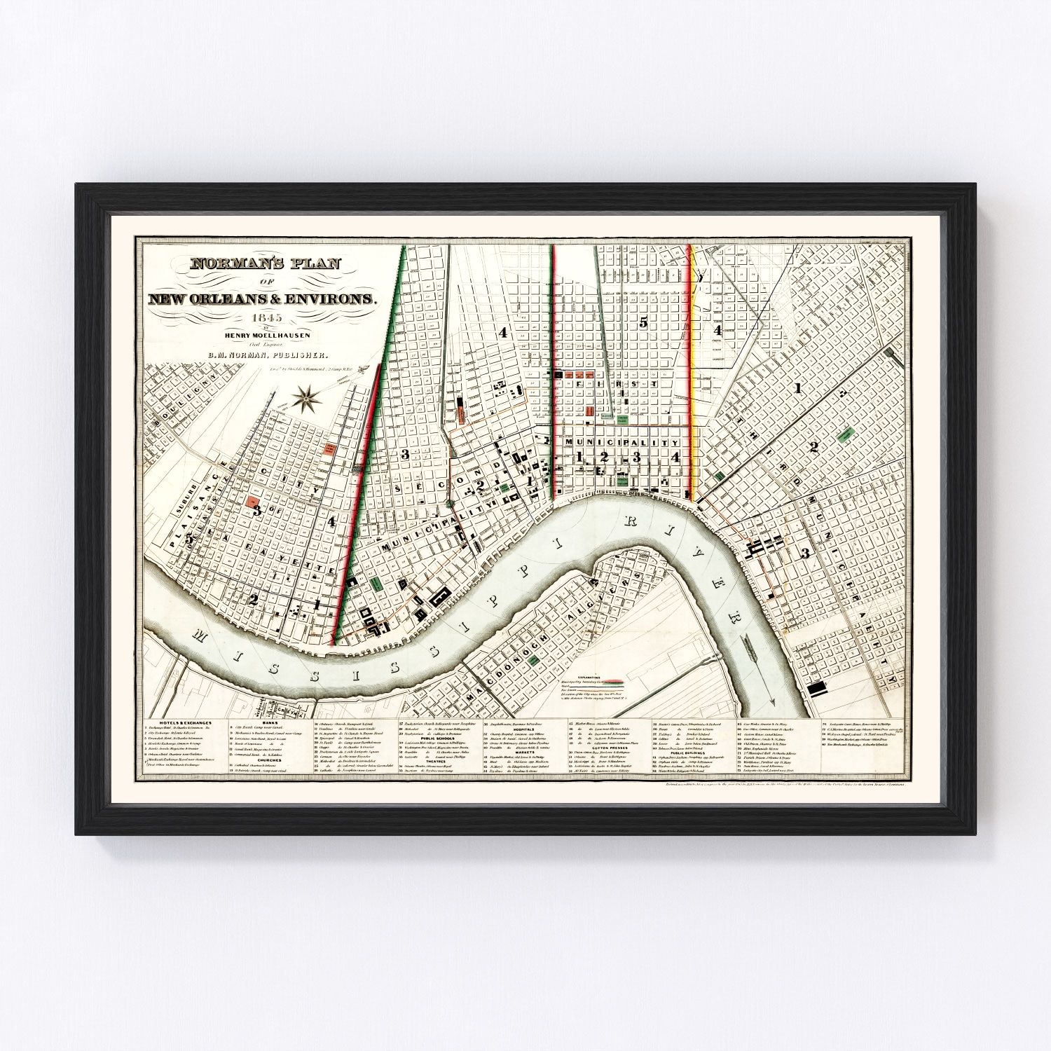 Vintage map of New Orleans, Orleans Parish, Louisiana, 1845