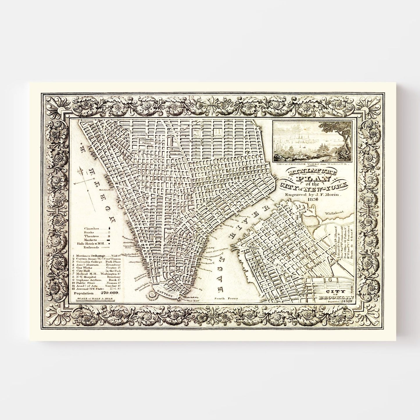 Vintage Map of New York City, Queens County, New York, 1836