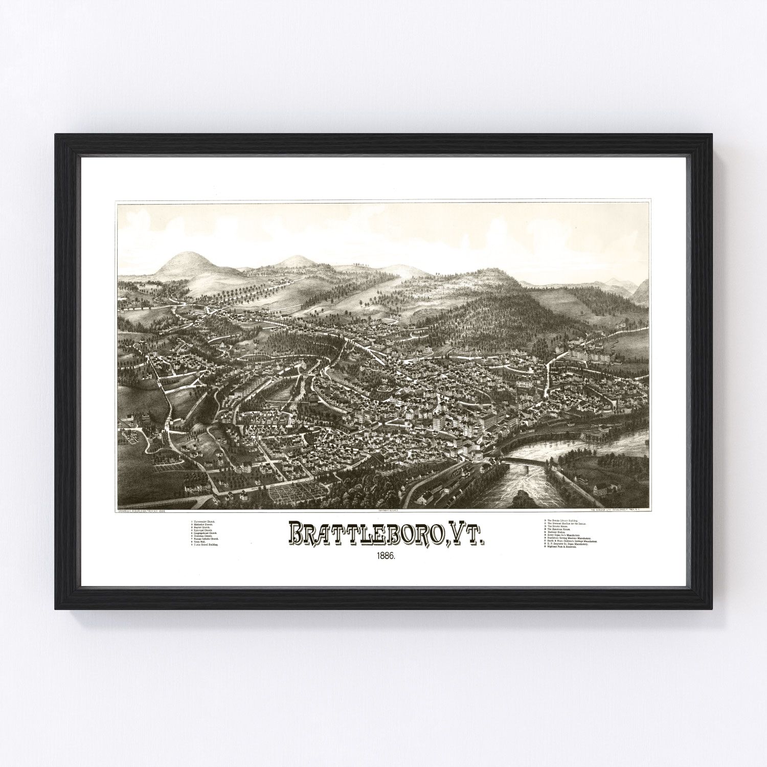 vintage map of Brattleboro Vermont, 1886, restored print wall art