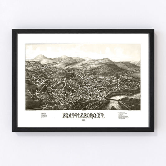 vintage map of Brattleboro Vermont, 1886, restored print wall art