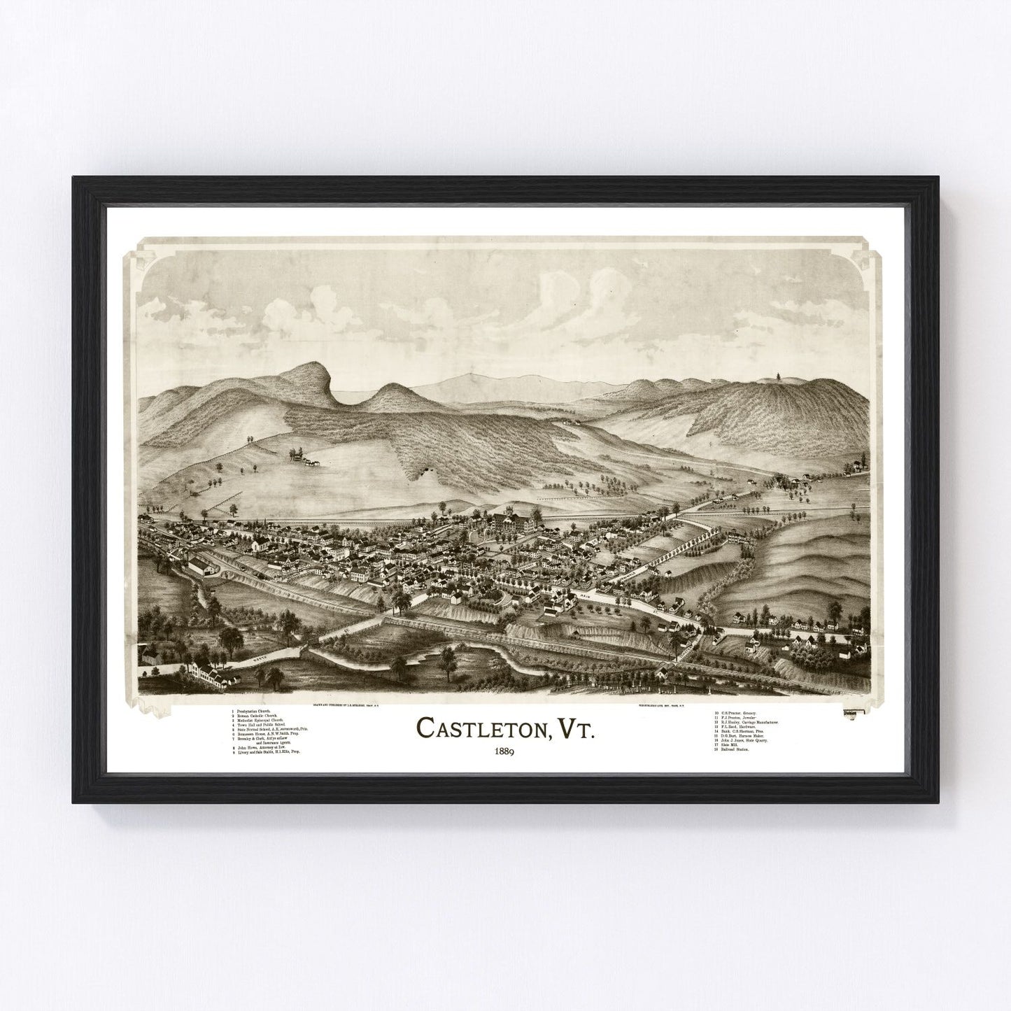 Vintage map of Castleton, Vermont, 1886, restored vintage wall art print