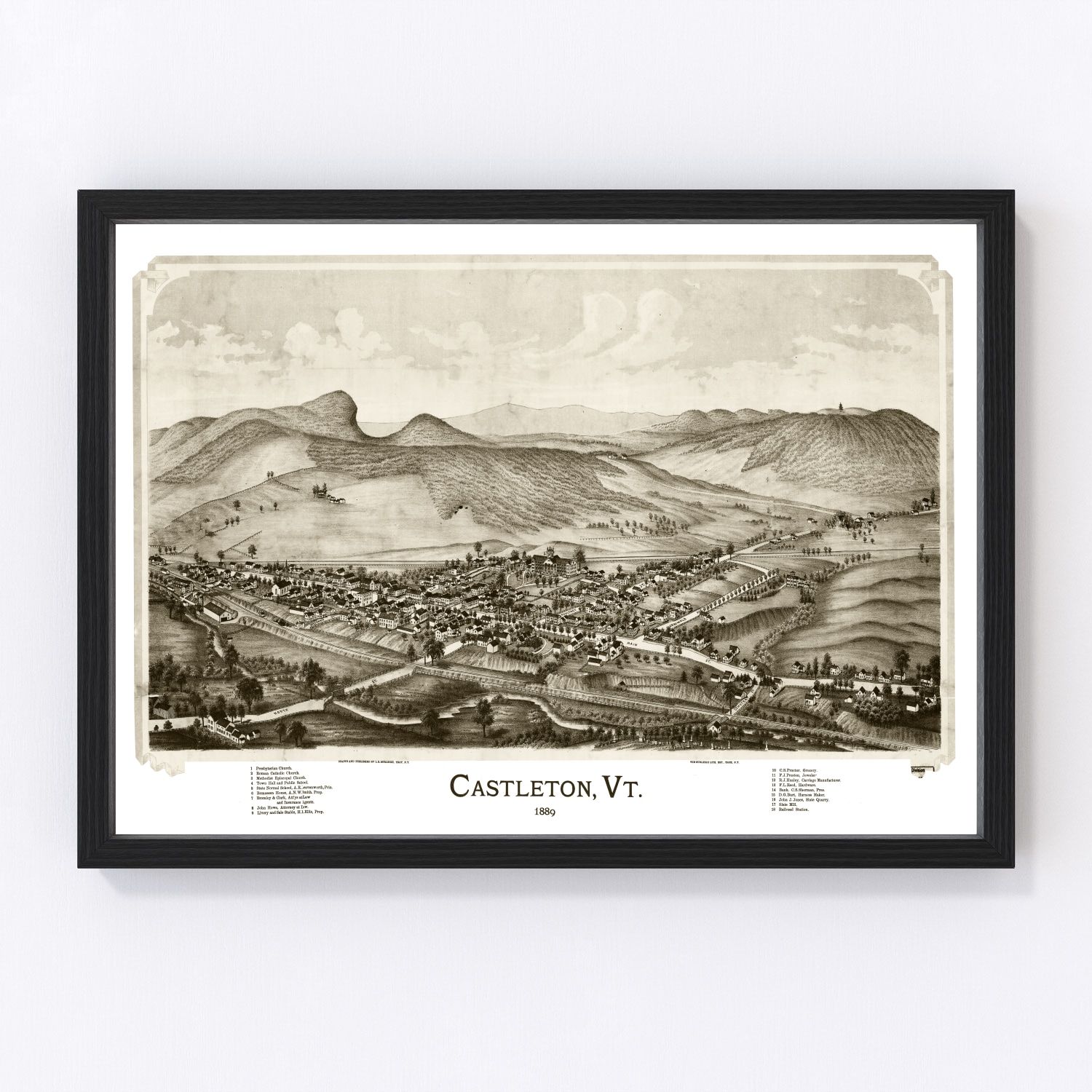 Vintage map of Castleton, Vermont, 1886, restored vintage wall art print